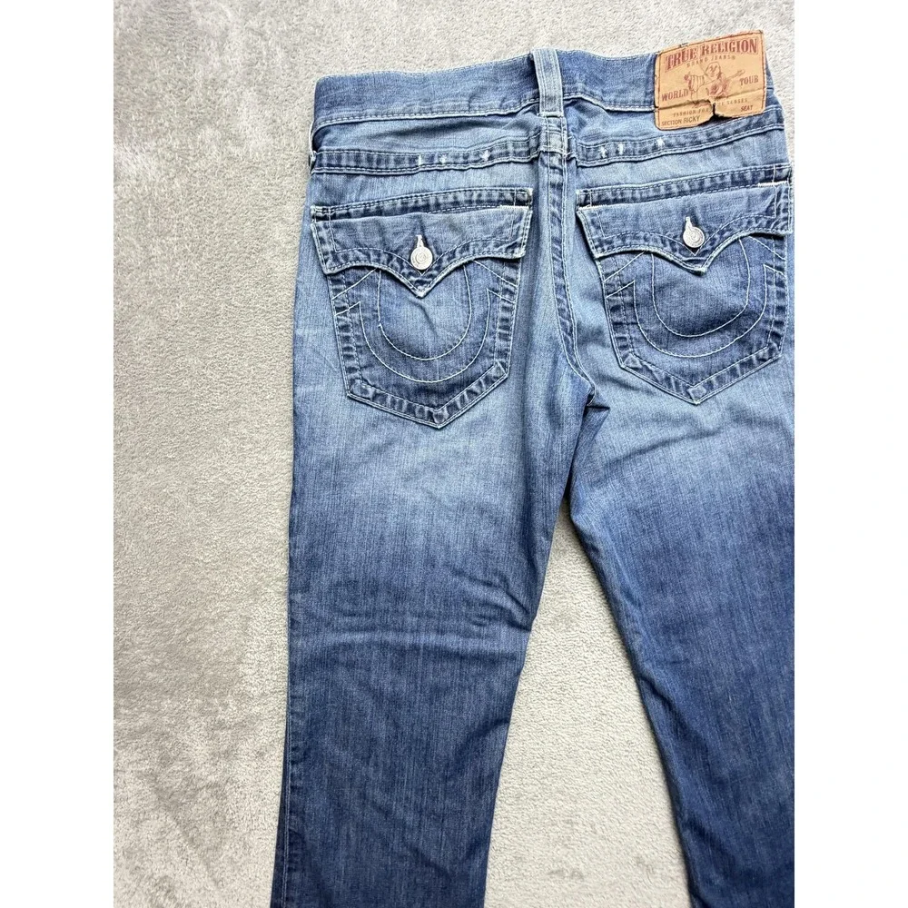 True Religion Jeans Mens Measured 34x33 Blue Bootcut Relaxed Distressed Logo